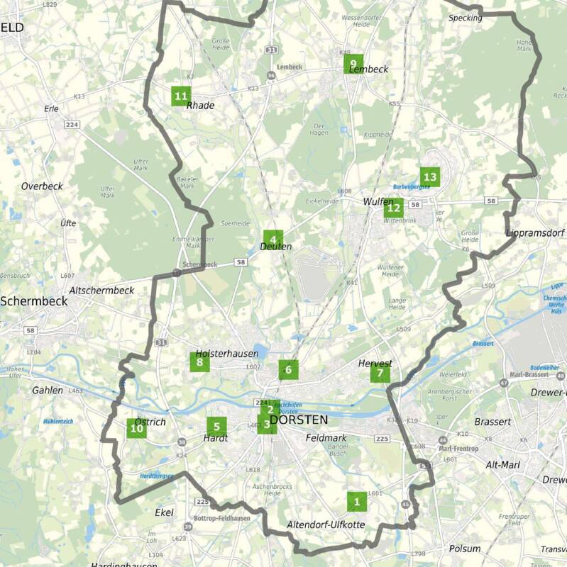Übersicht der 13 Notfall-Infopunkte im Stadtgebiet